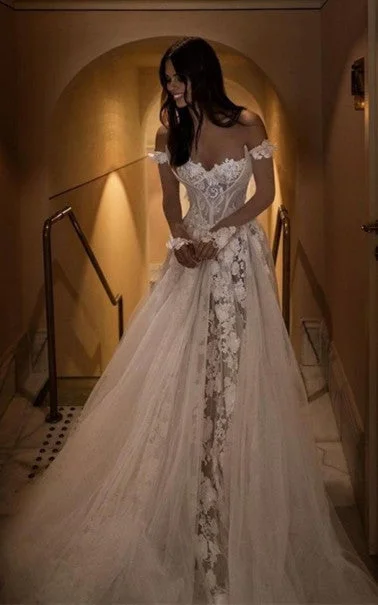 Romantic Soft Satin Dress A Line Simple Tulle Off-the-shoulder Wedding Dress with Appliques and Train-716297 Romantic Soft Satin Dress A Line Simple Tulle Off-the-shoulder Wedding Dress with Appliques and Train-716297
