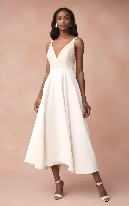Draped Satin Gown A-Line Sleeveless Chiffon Wedding Dress 2023 V-neck Beach Country Garden Court Tea-length Vintage Sexy Casual Draped Satin Gown A-Line Sleeveless Chiffon Wedding Dress 2023 V-neck Beach Country Garden Court Tea-length Vintage Sexy Casual