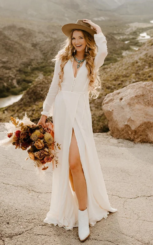 Classic Couture Dress A-Line V-neck Chiffon Bohemian Wedding Dress With Long Sleeve And Button Back-716570 Classic Couture Dress A-Line V-neck Chiffon Bohemian Wedding Dress With Long Sleeve And Button Back-716570