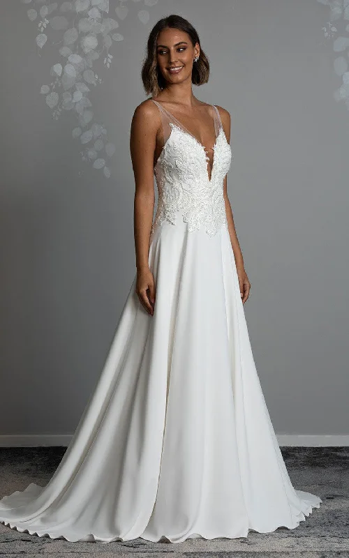 Dainty Chiffon Dress A-Line V-neck Spandex Casual Wedding Dress With Deep-V Back And Appliques-716712 Dainty Chiffon Dress A-Line V-neck Spandex Casual Wedding Dress With Deep-V Back And Appliques-716712