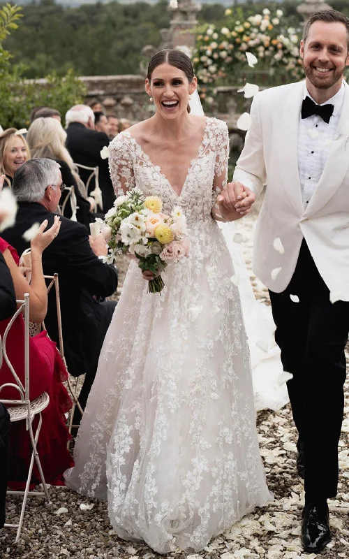 Sophisticated Maxi Dress A-Line V-neck Lace Romantic Wedding Dress With Half Sleeve And Illusion Back-716571 Sophisticated Maxi Dress A-Line V-neck Lace Romantic Wedding Dress With Half Sleeve And Illusion Back-716571