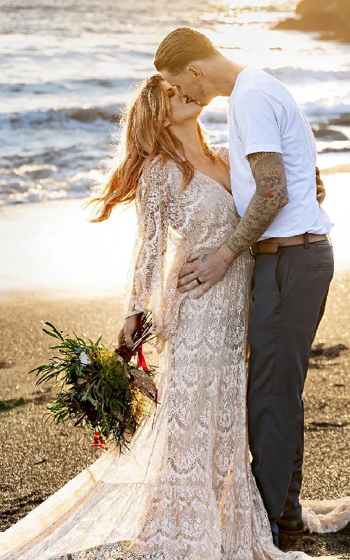 Tulle Skirt Dress A-Line V-neck Lace Simple Wedding Casual Sexy Bohemian Romantic Adorable Garden With Deep-V Back And Illusion Long Sleeves-716743 Tulle Skirt Dress A-Line V-neck Lace Simple Wedding Casual Sexy Bohemian Romantic Adorable Garden With Deep-V Back And Illusion Long Sleeves-716743