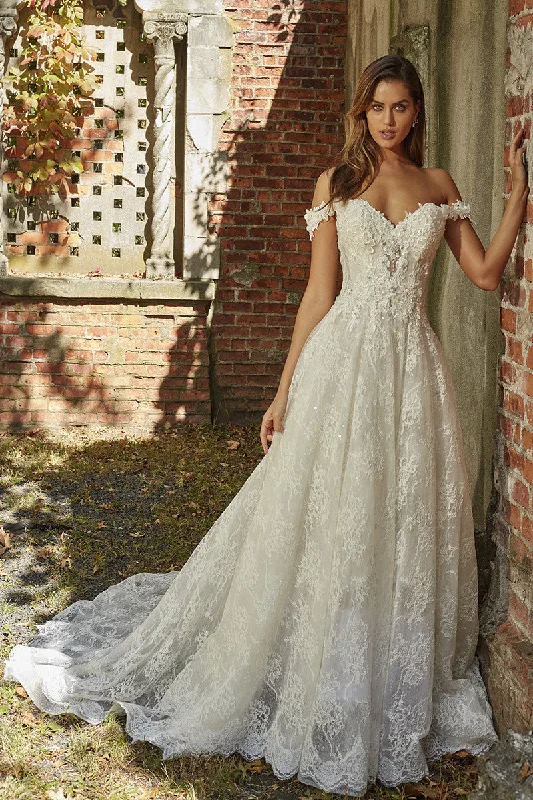 Chic Satin Dress Adorable Sweetheart Off-the-shoulder A-line Wedding Gown With Lace Appliques And Open Back-715731 Chic Satin Dress Adorable Sweetheart Off-the-shoulder A-line Wedding Gown With Lace Appliques And Open Back-715731
