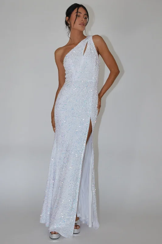Floral Embroidery Dress Ambrely One-Shoulder Sequin Maxi Dress White