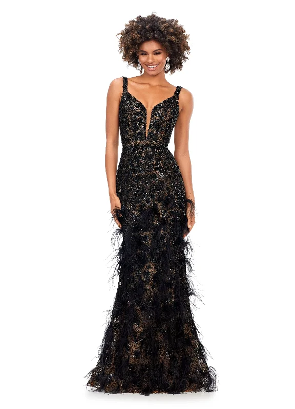 Glam Ball Gown Ashley Lauren 11279 Sequin & Feather Evening Gown Prom Dress