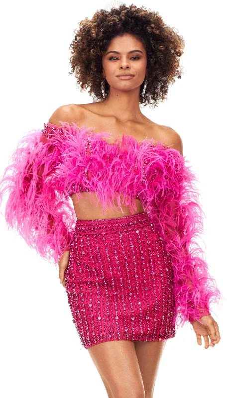 Applique Gown Ashley Lauren 4562 - Feathered Two Piece Short Dress