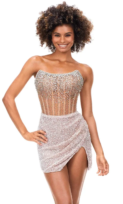 Side Slit Gown Ashley Lauren 4564 - Scoop Strapless Beaded Short Dress