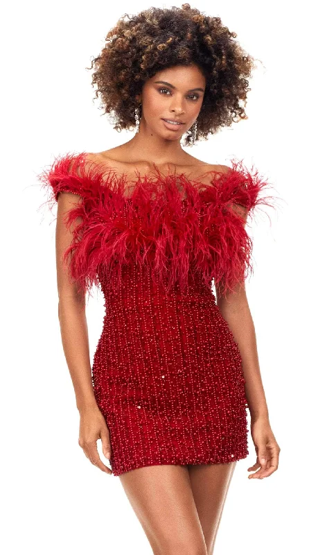 Pearl Embellished Gown Ashley Lauren 4566 - Pearl Embellished Feather Short Dress
