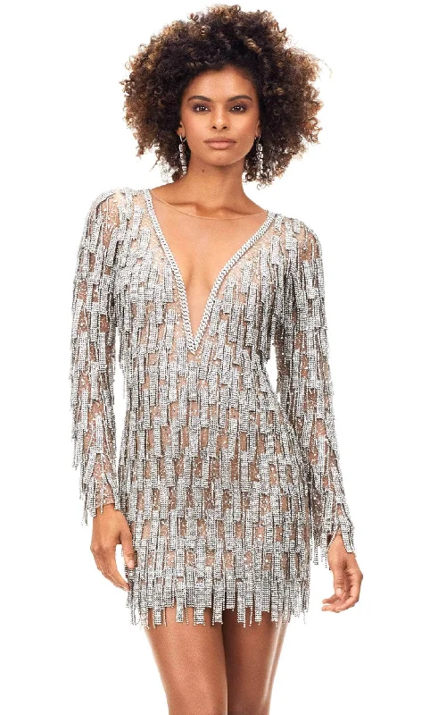 Structured Evening Gown Ashley Lauren 4569 - Long Sleeve Embellished Fringe Dress