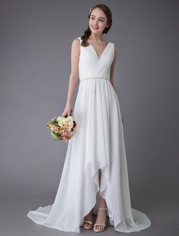 Wedding Reception Gown Beach Wedding Dresses Chiffon V Neck High Low Sash Summer Bridal Dress Exclusive Wedding Reception Gown Beach Wedding Dresses Chiffon V Neck High Low Sash Summer Bridal Dress Exclusive