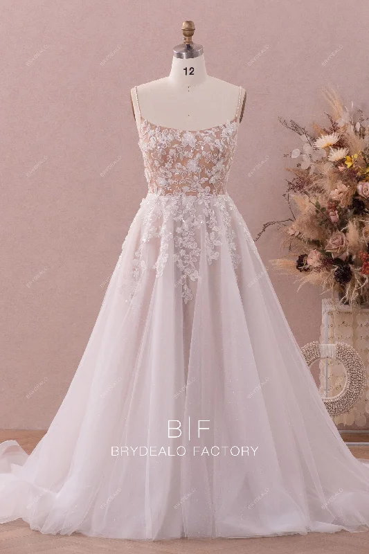 Lavish Evening Gown Romantic Beaded 3D Flower Lace Square Neck Wedding Dress
