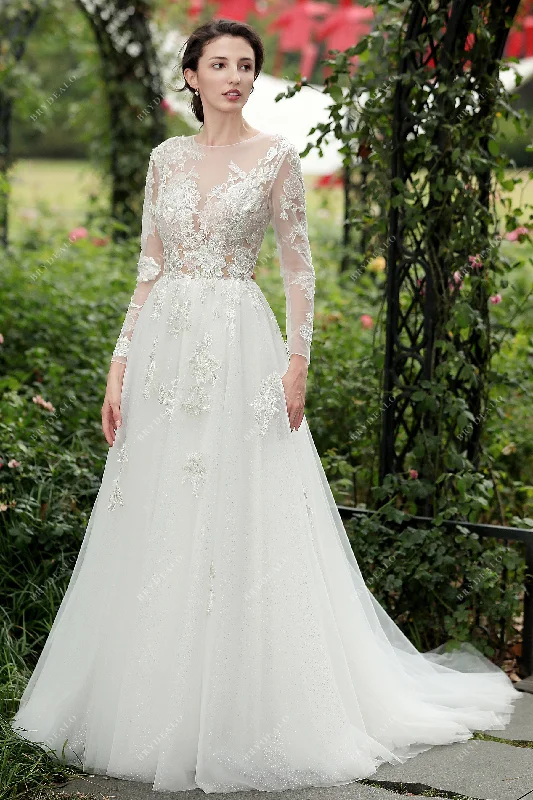 Delicate Lace Dress Shimmery Lace Alluring Illusion Sleeves A-line Bridal Gown