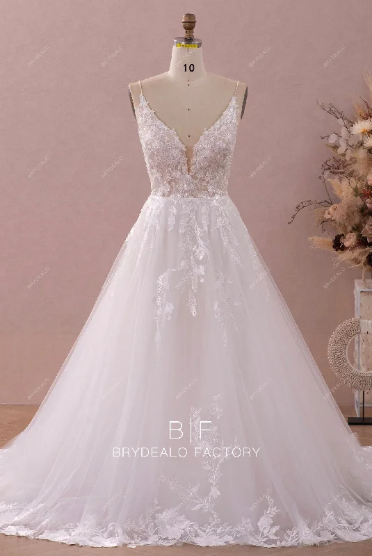 Floral Embroidery Dress Shimmery Beaded Lace Spaghetti Straps Plunging Wedding Dress Floral Embroidery Dress Shimmery Beaded Lace Spaghetti Straps Plunging Wedding Dress