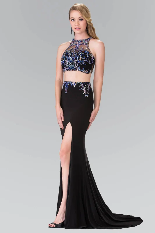 Sequin Maxi Dress Prom 2 Piece Sexy Halter Evening Gown