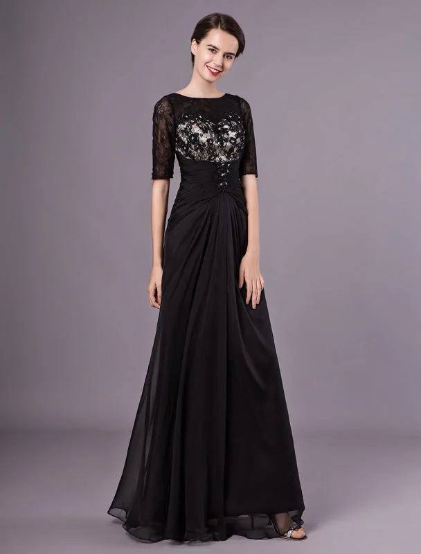Luxury Satin Gown Black Evening Dresses Half Sleeves Lace Beading Chiffon Long Formal Gowns Wedding Guest Dress Luxury Satin Gown Black Evening Dresses Half Sleeves Lace Beading Chiffon Long Formal Gowns Wedding Guest Dress