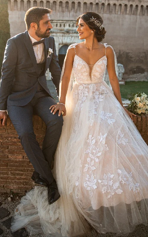 Glamorous Formal Dress Bohemian A Line Spaghetti Lace and Tulle Wedding Dress with Appliques-716408 Glamorous Formal Dress Bohemian A Line Spaghetti Lace and Tulle Wedding Dress with Appliques-716408