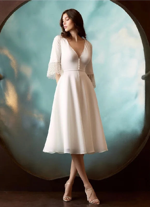 Fancy Embellished Dress Bohemian A-Line V-neck Chiffon Half Sleeve Wedding Dress Beach Country Garden Court Vintage Elegant Simple-MW_700003