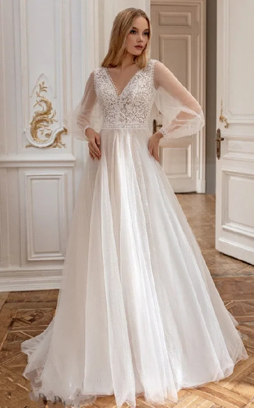 Fitted Formal Dress Bohemian A-Line V-neck Tulle Wedding Dress with Sweep Train-716428 Fitted Formal Dress Bohemian A-Line V-neck Tulle Wedding Dress with Sweep Train-716428
