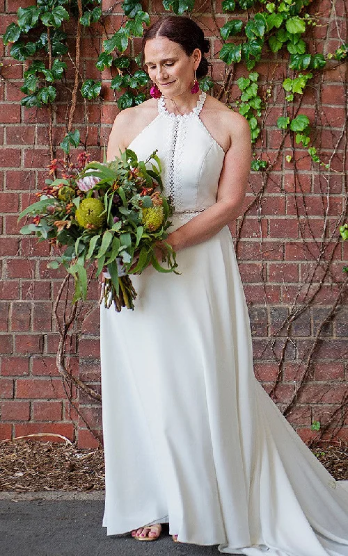 Beautiful Floor-Length Dress Bohemian Halter Neckline A-Line Satin Wedding Dress With Button Back And Lace-716601