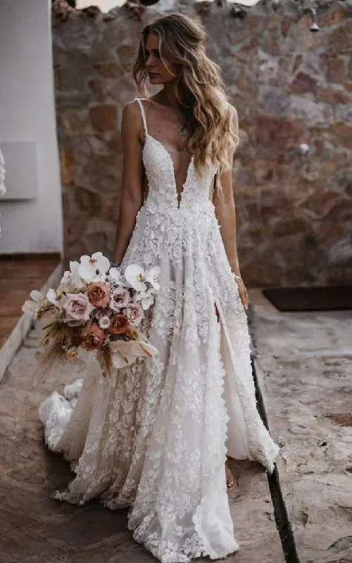 Whimsical Evening Gown Boho A-Line Lace Tulle Sleeveless Wedding Dress with Split Front Country Garden Court Train Elegant Elopement Western Whimsical Evening Gown Boho A-Line Lace Tulle Sleeveless Wedding Dress with Split Front Country Garden Court Train Elegant Elopement Western