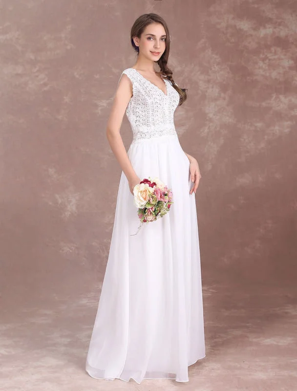 Unique Cocktail Dress Boho Wedding Dresses Chiffon Lace Beach Bridal Dress V Neck V Back Ivory Sleeveless Floor Length Summer Wedding Gown Unique Cocktail Dress Boho Wedding Dresses Chiffon Lace Beach Bridal Dress V Neck V Back Ivory Sleeveless Floor Length Summer Wedding Gown