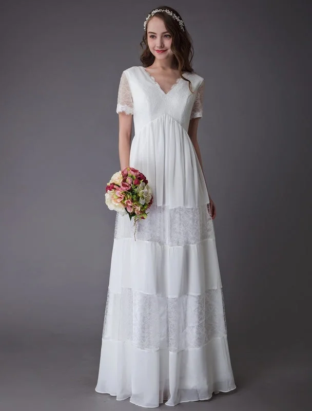 Unique Formal Dress Boho Wedding Dresses Lace Chiffon Patchwork Ivory Short Sleeve Gypsy Maxi Beach Bridal Gowns Exclusive
