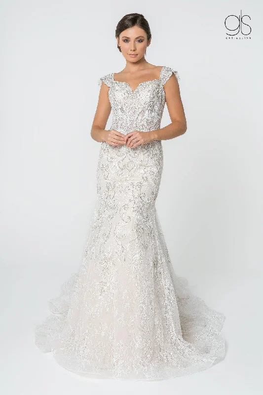 Glittering Evening Gown Bridal Long Gown Cap Sleeve Wedding Dress