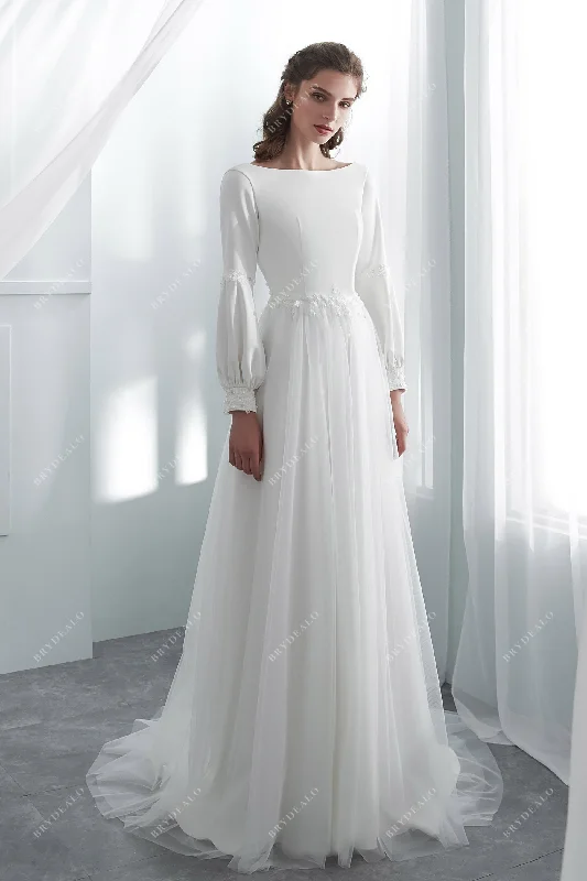 Elegant Ruffle Dress Pretty Bubble Sleeves Crepe Tulle Boho Wedding Dress