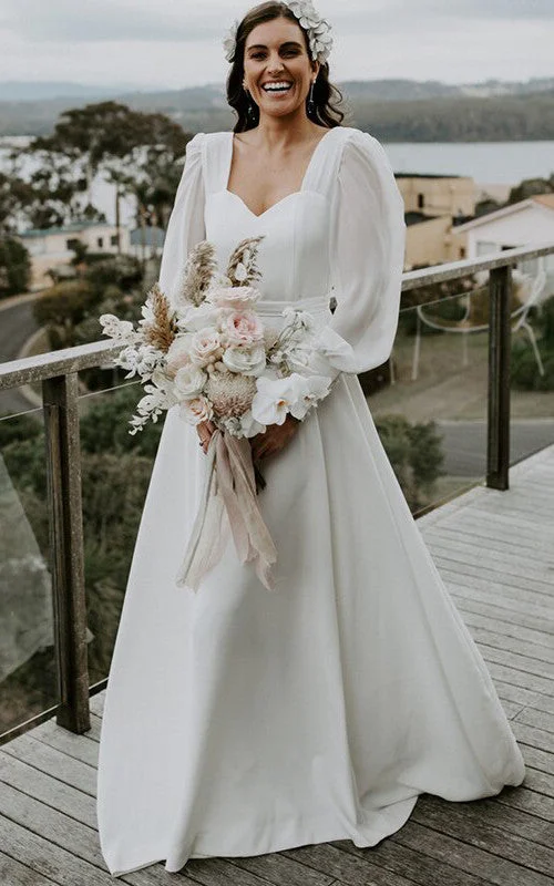 Perfect Fit Dress Casual A Line Floor-length Sweep Train Chiffon Queen Anne Long Sleeve Wedding Dress-716038 Perfect Fit Dress Casual A Line Floor-length Sweep Train Chiffon Queen Anne Long Sleeve Wedding Dress-716038