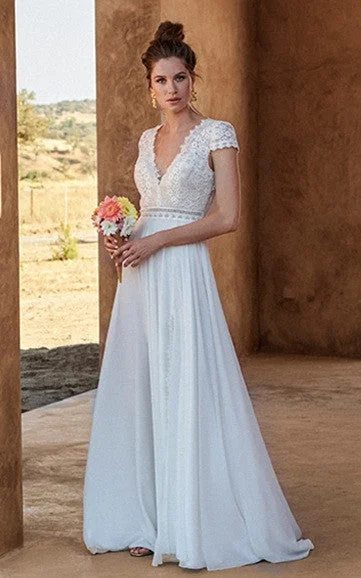 Sheer Panel Dress Casual A-Line Lace Chiffon V-neck Wedding Dress with Split Front-716468 Sheer Panel Dress Casual A-Line Lace Chiffon V-neck Wedding Dress with Split Front-716468