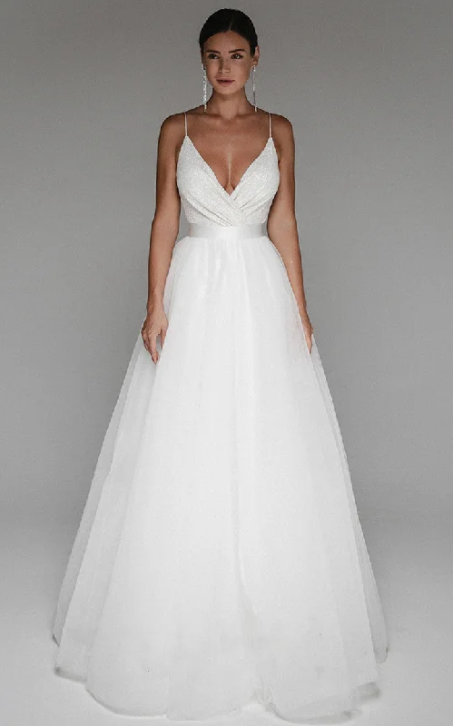 Polka Dot Gown Casual A Line Spaghetti V-neck Tulle Wedding Dress with Sash-716387 Polka Dot Gown Casual A Line Spaghetti V-neck Tulle Wedding Dress with Sash-716387