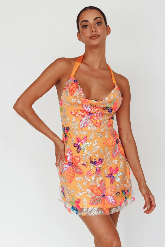 Timeless Gown Champagne Showers Halterneck Slip Mini Dress Sequin Floral Orange