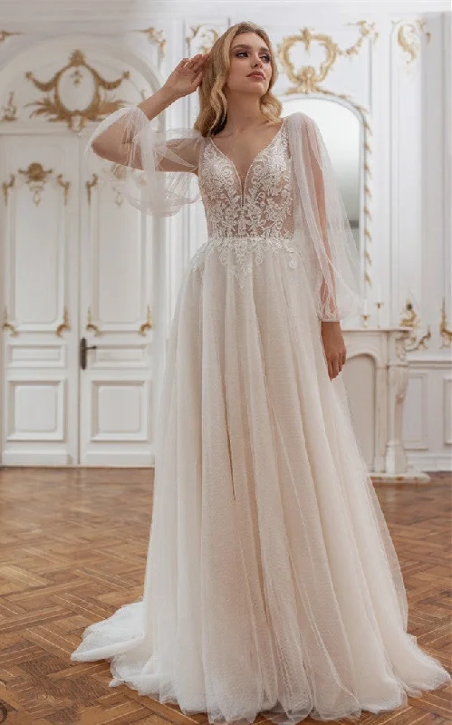 Elegant Wedding Gown Charming A-Line Plunging Neck Tulle Wedding Dress with Appliques and Train-716430 Elegant Wedding Gown Charming A-Line Plunging Neck Tulle Wedding Dress with Appliques and Train-716430