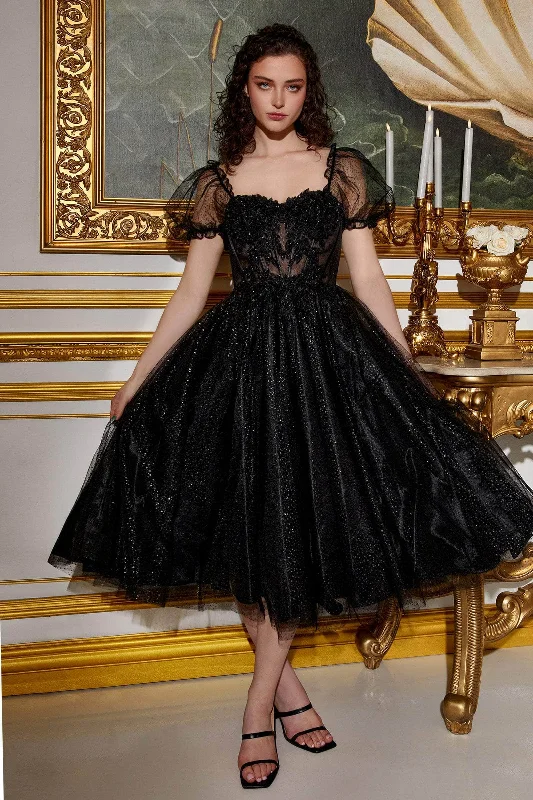 Vintage Lace Dress Cinderella Divine CD0187 - Puff- Sleeve Tea-Length Dress