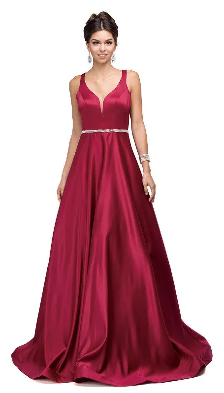 Floral Embroidery Dress Dancing Queen Bridal - 9754 Classic Long Satin Prom Dress with V-back and Plunging Neckline