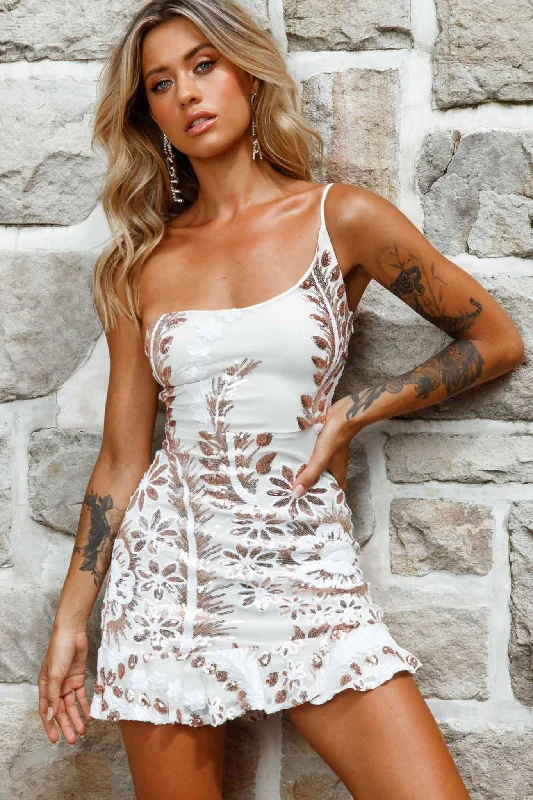 Fashionable Formal Dress Don't Wait Up One Shoulder Sequin Dress White/Gold