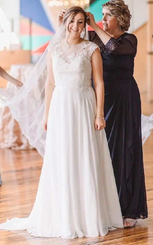 Luxe Embroidered Gown Elegant A-Line Bateau Chiffon Lace Wedding Dress With Short Sleeve And Appliques-716623 Luxe Embroidered Gown Elegant A-Line Bateau Chiffon Lace Wedding Dress With Short Sleeve And Appliques-716623