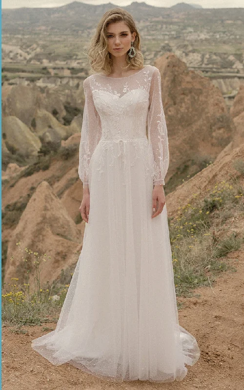 Beautiful Floor-Length Dress Elegant A-Line Bateau Wedding Dress With Illusion Long Sleeves And Lace-up Back-716441 Beautiful Floor-Length Dress Elegant A-Line Bateau Wedding Dress With Illusion Long Sleeves And Lace-up Back-716441