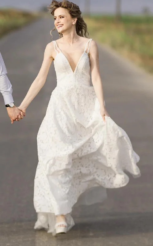 Structured Evening Gown Elegant A-Line Plunging Neckline Lace Wedding Dress With Open Back-716627 Structured Evening Gown Elegant A-Line Plunging Neckline Lace Wedding Dress With Open Back-716627
