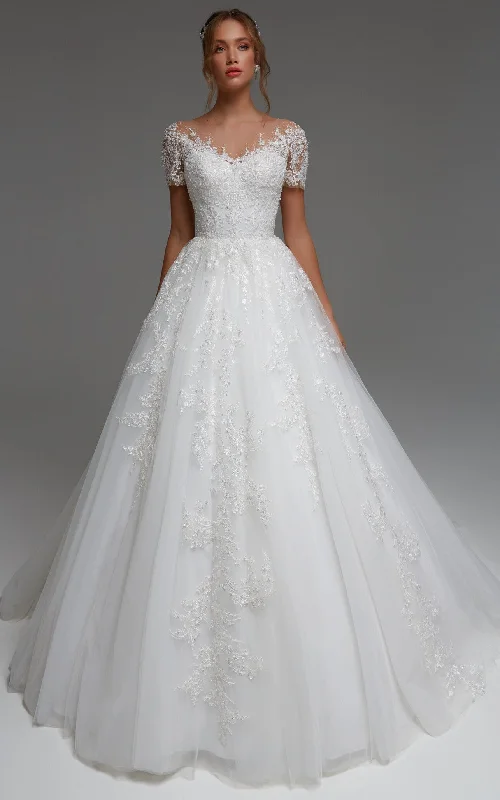 Regal Velvet Gown Elegant Bateau Short Sleeve Sweep Train Floor-Length A Line Ball Gown Wedding Dress With Appliques-716173 Regal Velvet Gown Elegant Bateau Short Sleeve Sweep Train Floor-Length A Line Ball Gown Wedding Dress With Appliques-716173