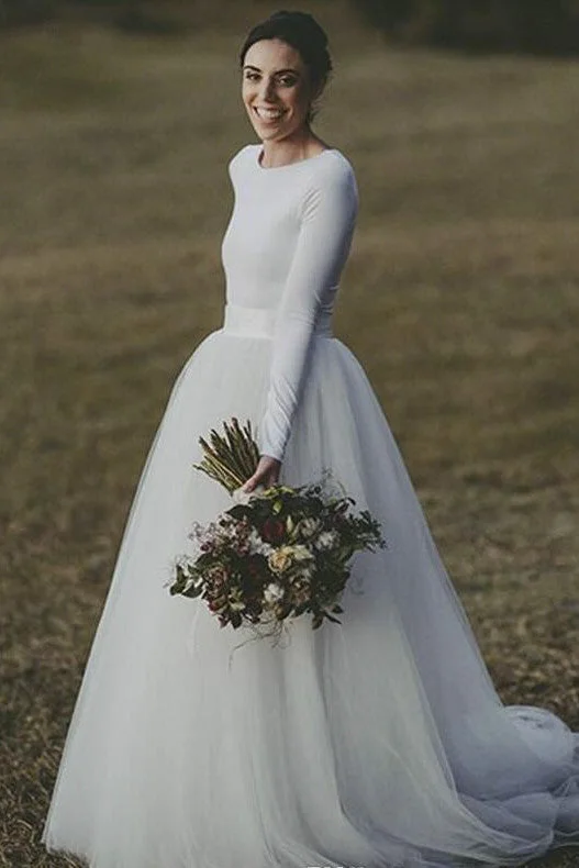 Glam Ball Gown Elegant Long Sleeve Fitted Modest Jersey And Tulle Wedding Dress-715735 Glam Ball Gown Elegant Long Sleeve Fitted Modest Jersey And Tulle Wedding Dress-715735