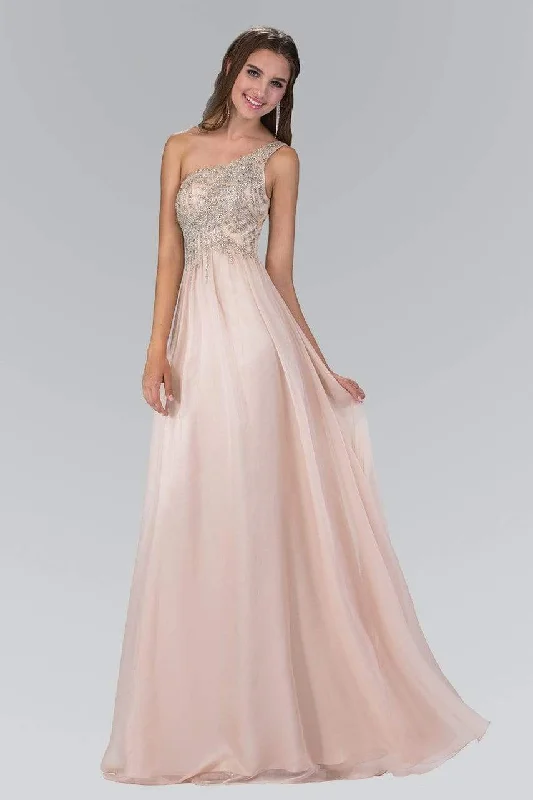 Red Carpet Dress Elizabeth K - GL2094 Bead Embellished Asymmetric Neck Chiffon Gown