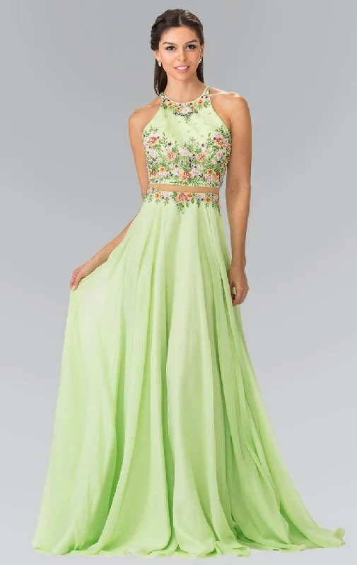 Asymmetrical Gown Elizabeth K - GL2340 Embellished Halter Neck Chiffon A-Line Dress