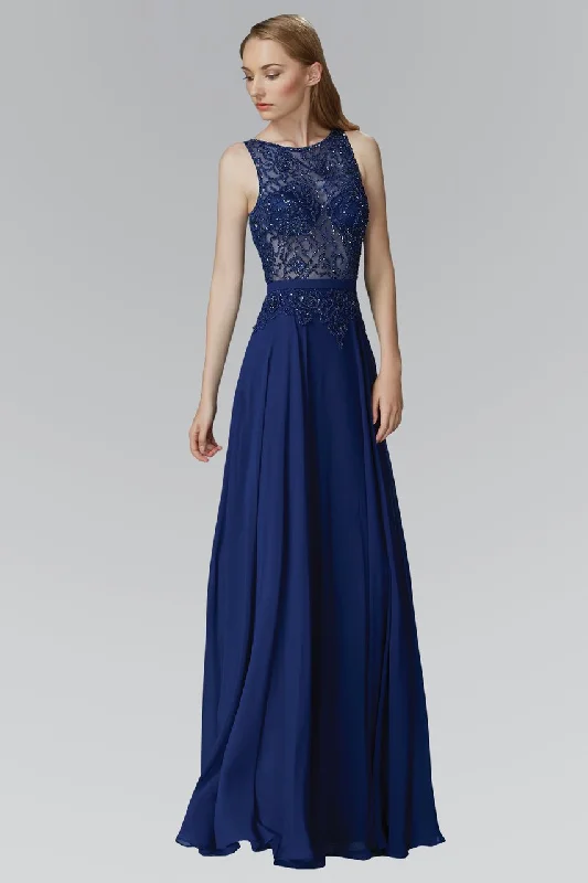 Navy Blue Gown Elizabeth K - GL2103 Embellished Jewel Neck A-Line Dress
