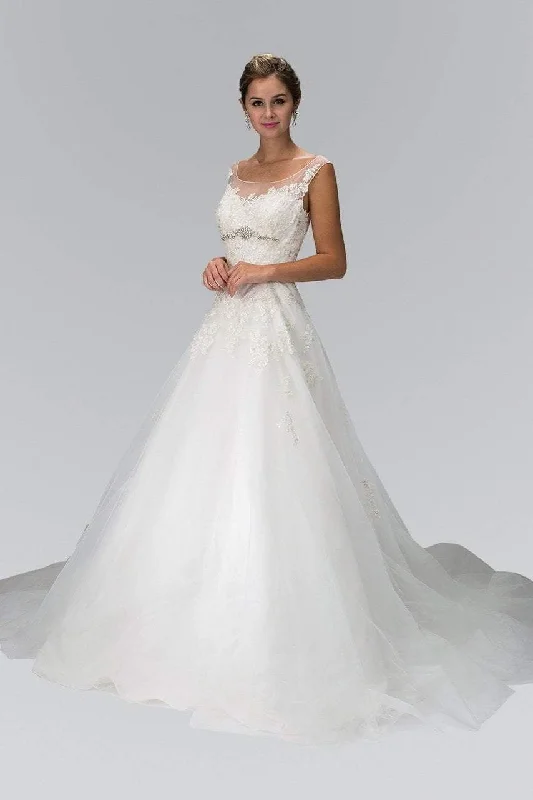 Sheer Panel Dress Elizabeth K Bridal - GL1355 Cap Sleeve Floral Appliqued Tulle Wedding Dress