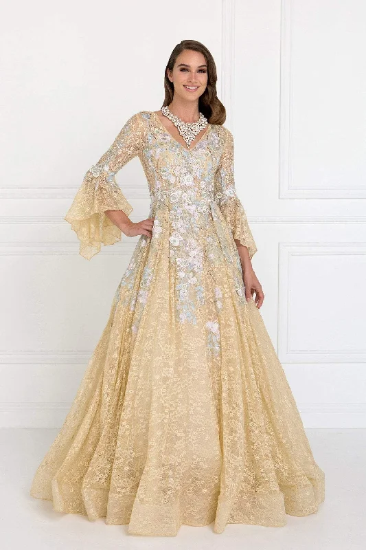 Simple Chiffon Dress Elizabeth K - GL1592 Flounce Sleeve Floral Embroidered Lace Ballgown