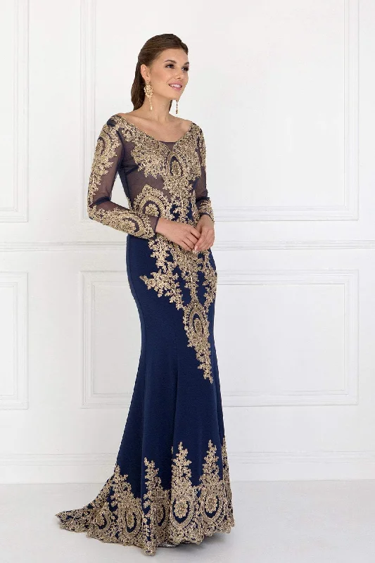 Gorgeous Party Dress Elizabeth K - GL1597 Illusion Long Sleeve Gilded Lace Sheath Gown