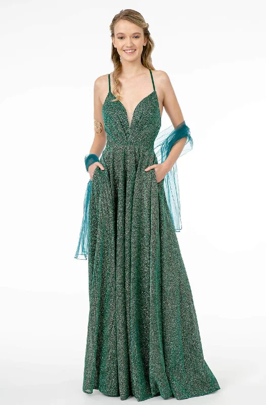 Floor-Length Satin Dress Elizabeth K - GL1828 Plunging Pleat-Ornate Bodice Glitter Lame Gown