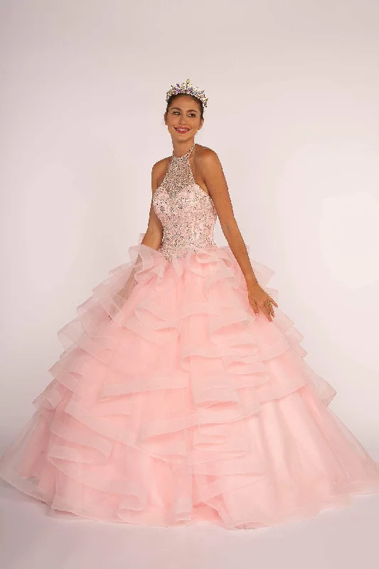 Glam Ball Gown Elizabeth K - GL2512 Ornate Illusion High Halter Ruffled Ballgown