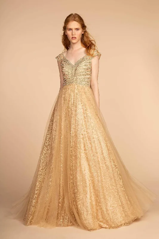 Artistic Embroidered Dress Elizabeth K - GL2526 Cap Sleeve Jewel Adorned Bodice A-Line Gown